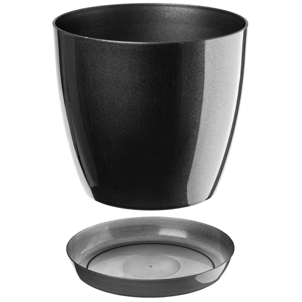 Vaso da fiori KADAX con sottovaso e coperchio in plastica, 23 cm, colore grafite. Kadax