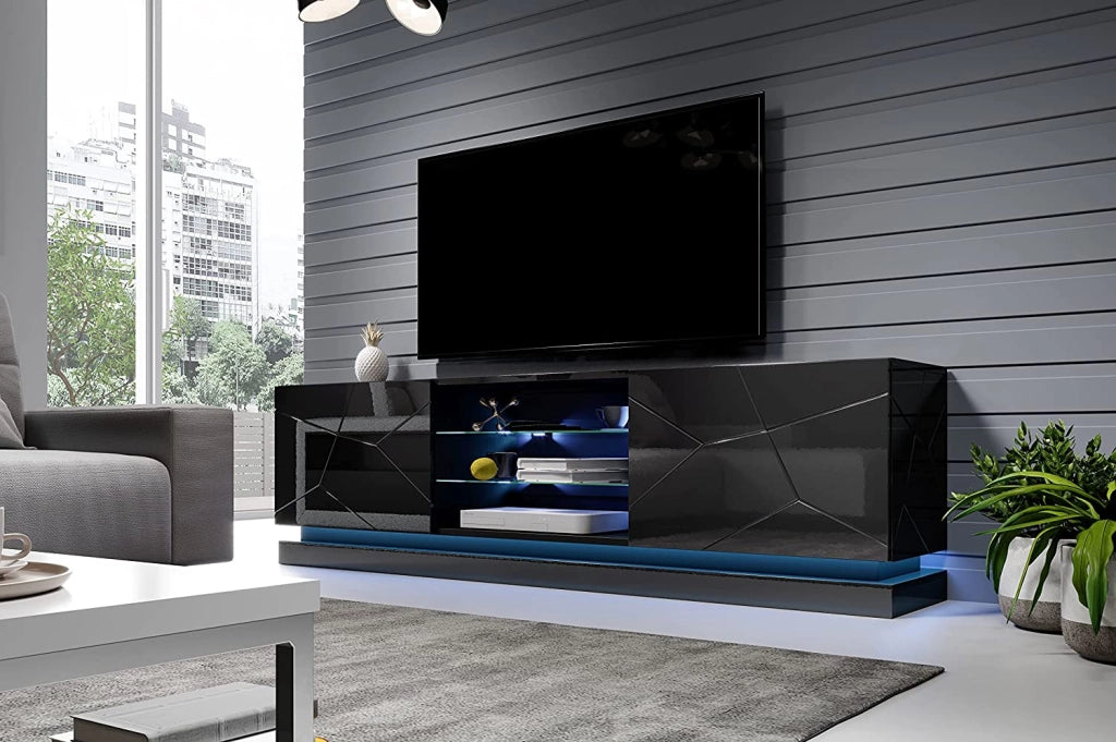 MOBILE TV SOGGIORNO CON LED BLU MODELLO QIU 200X42X57H NERO LUCIDO