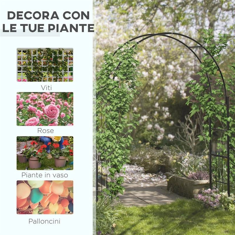 ARCHETTO DA GIARDINO PER PIANTE RAMPICANTI E DECORAZION IMETALLO NERO 153X40X210 CM