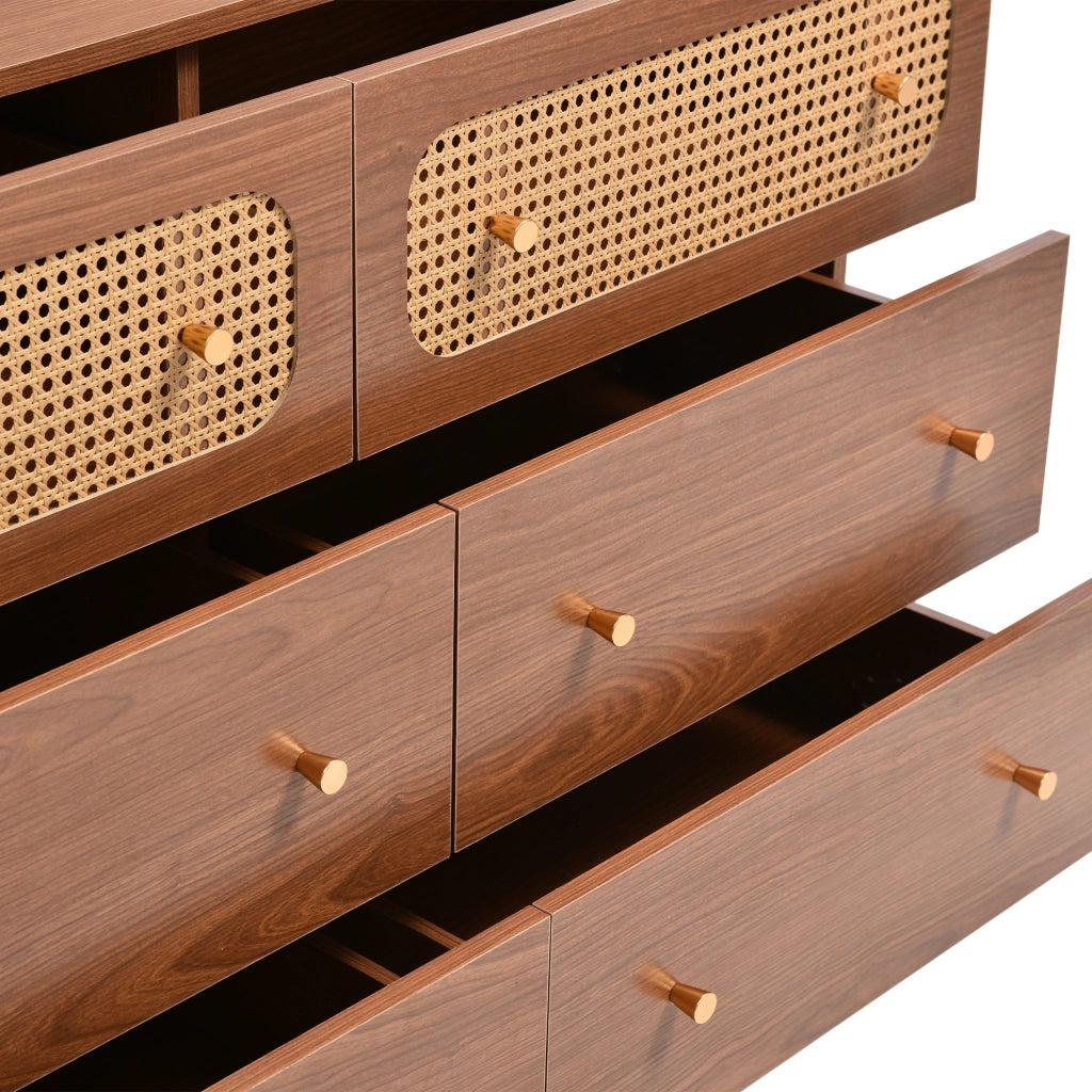 Comò con 6 Cassetti e 2 Frontali in Rattan per Camera da Letto in Legno e Metallo 120 × 40 × 90 cm Noce
