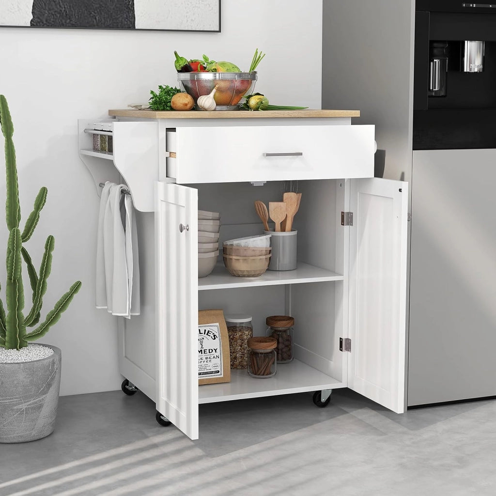 Carrello da cucina con piano di lavoro, carrello da portata con ruote, armadio da cucina con cassetto e ripiano regolabile, carrello da cucina con portasciugamani, mobile da cucina, in legno