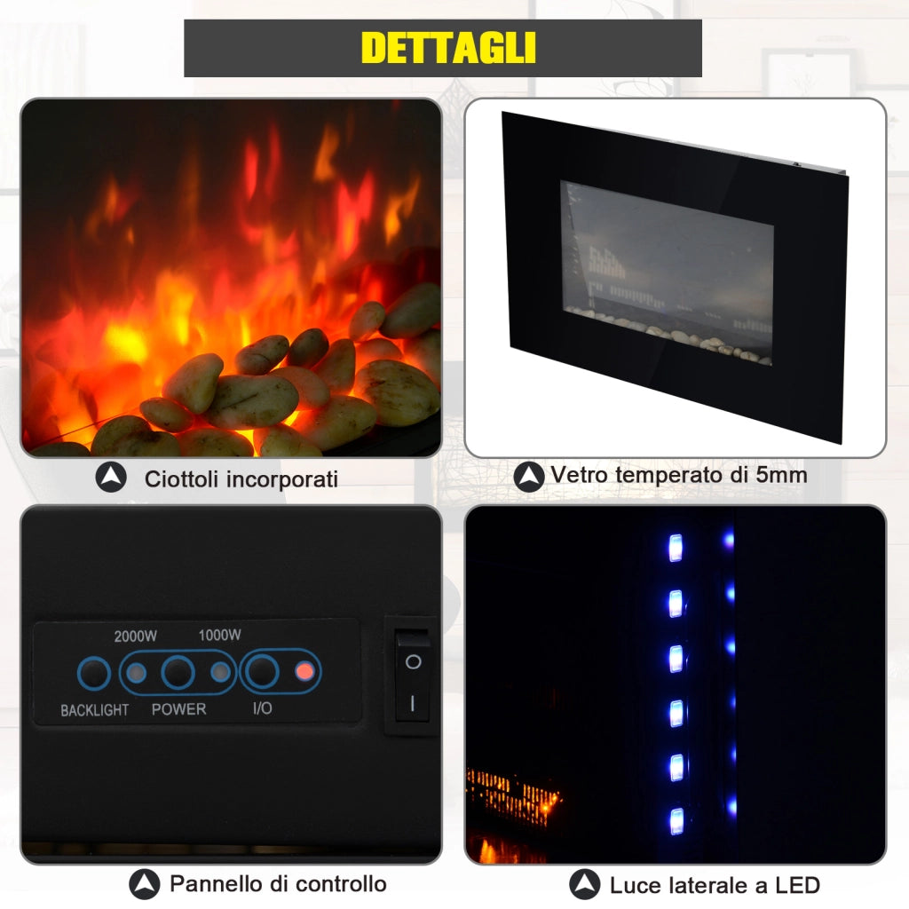 EasyComfort Camino Elettrico da Parete Potenza 1000W/2000W Effetto Fiamma 7 Colori