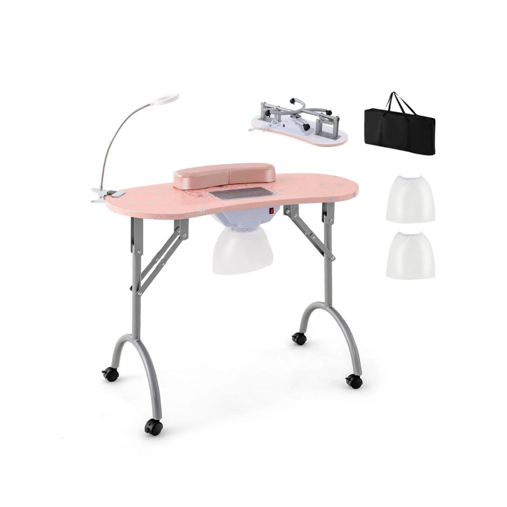 Tavolo manicure pieghevole con aspiratore, Tavolo portatile unghie con luce led regolabile Rosa-Scrivanie