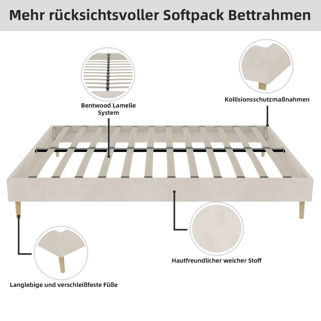 Letto singolo 140 × 200 cm con base ribassata, struttura stabile, senza materasso, in tessuto e metallo, beige