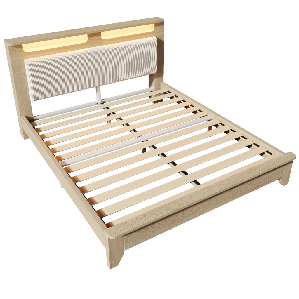 OKWISH Letto Contenitore 140×200 cm, Letto Matrimoniale con Contenitore in Testiera, LED Regolabile e Mensole, senza Materasso, Beige