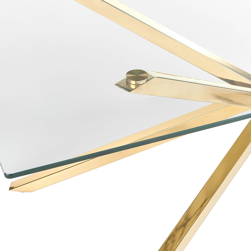Tavolo da pranzo rettangolare con piano in vetro temperato trasparente 160 x 90 cm gambe in oro 4 persone design moderno