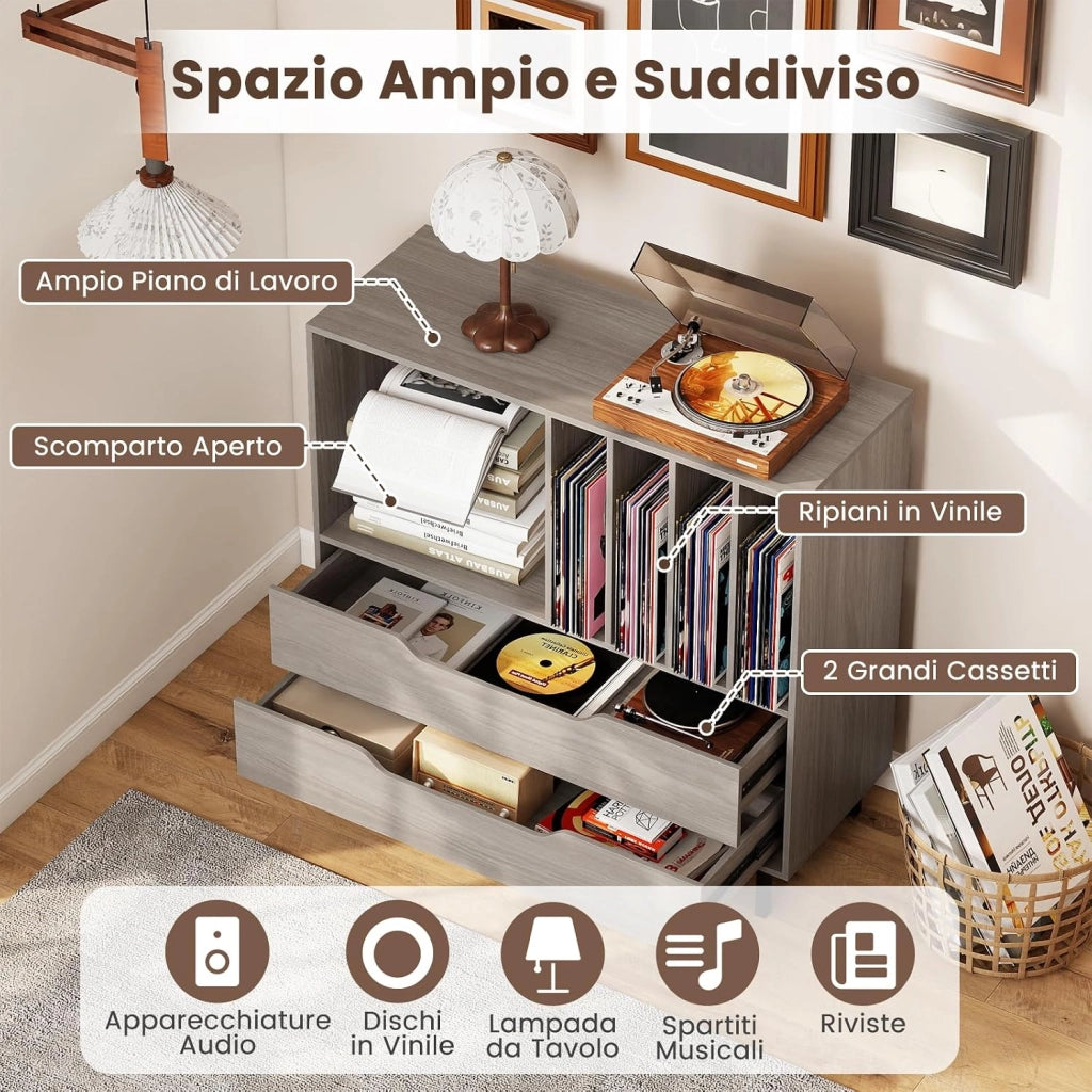 Supporto per Giradischi, Porta Dischi Vinile con 4 Ripiani per Vinili e 2 Cassetti, Armadio per Dischi Fino a 250 Album, per Soggiorno, Studio e Camera da Letto, 91 x 35 x 87 cm (Grigio)