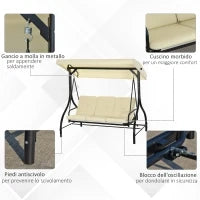 Dondolo da Giardino 3 Posti con Tettuccio Regolabile, in Metallo e tessuto Teslin, Beige e Nero