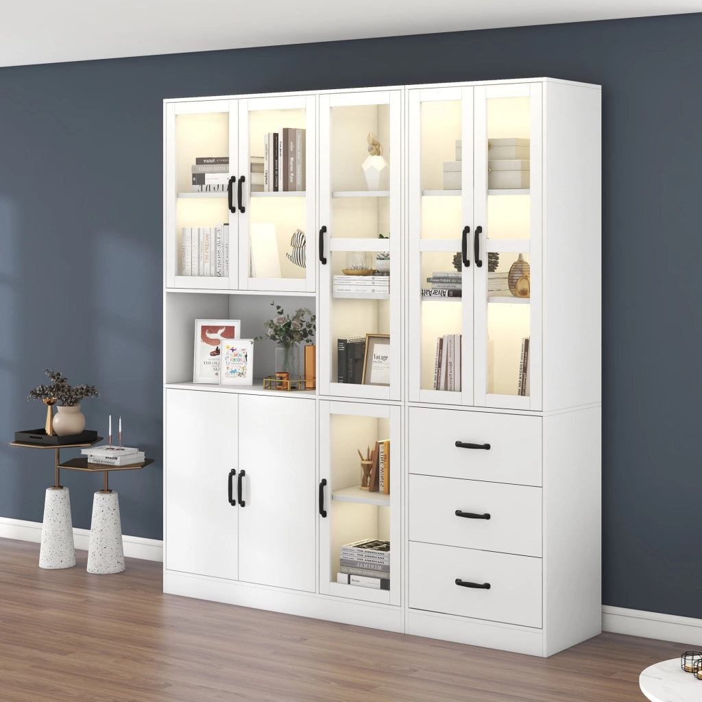 Libreria Vetrina con LED ¨C Xylo ¨C Bianco, 8 Ante, 3 Cassetti, 200x180 cm