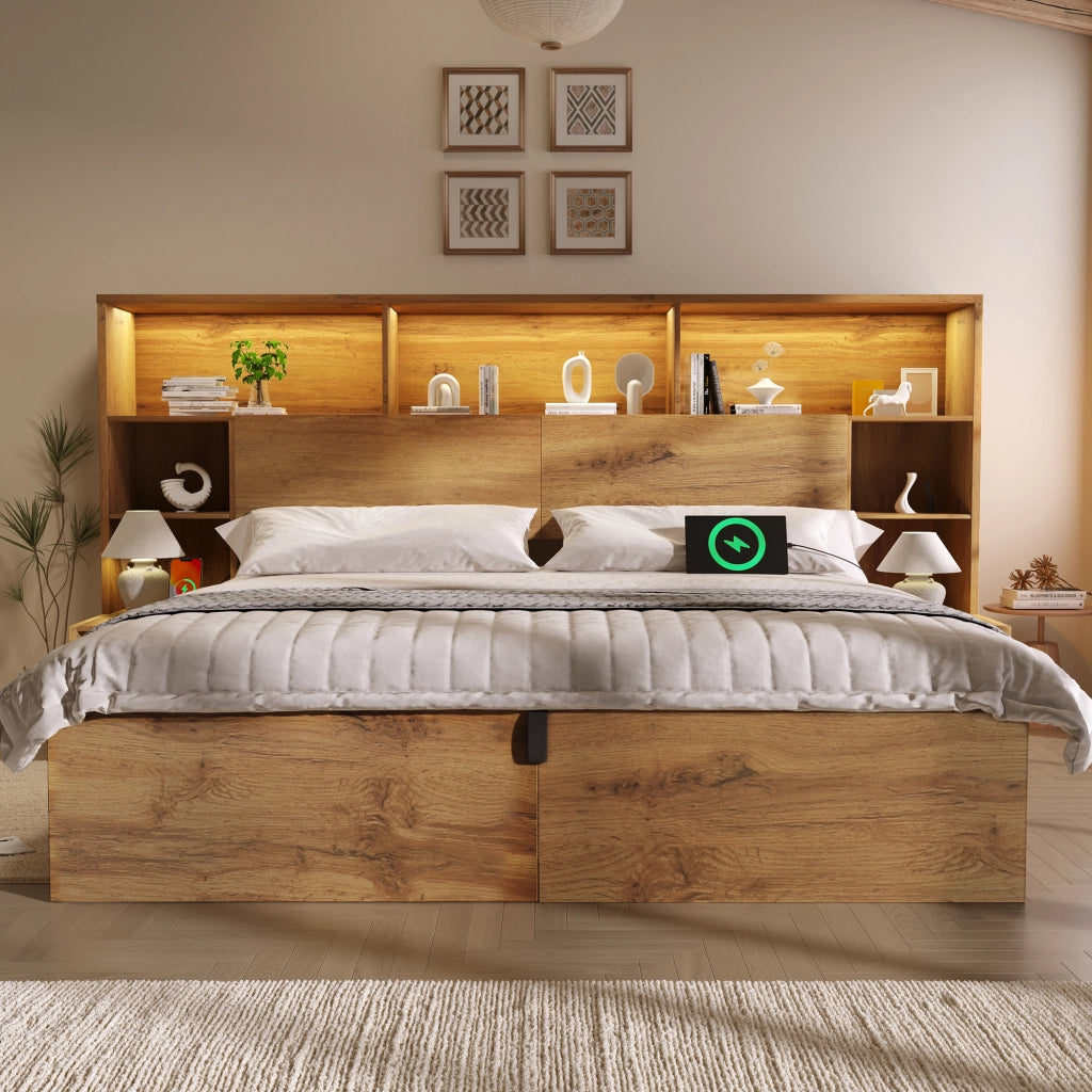 DESMIU Letto contenitore letto matrimoniale con LED regolabile, USB e Type-C, 180 × 200 cm, senza materasso