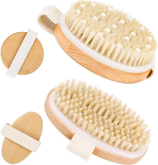 Droga a secco per drenaggio linfatico e massaggi - 2 pezzi - Setole di pelo di cinghiale - Peeling corporeo - Borstello per cellulite - Migliora la circolazione - Borstello per massaggi manuali - 11 cm di diametro - Benessere e bellezza.