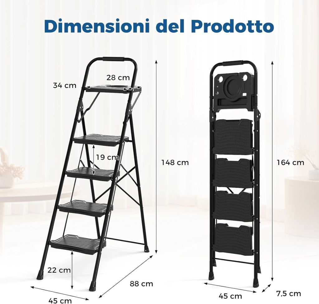 Scala a 4 Gradini, Scaletta Pieghevole in Acciaio con Antiscivolo per Piedi e Maniglia e Vassoio Porta Attrezzi, Carico Massimo 150kg, per Cucina, Giardino e Ufficio