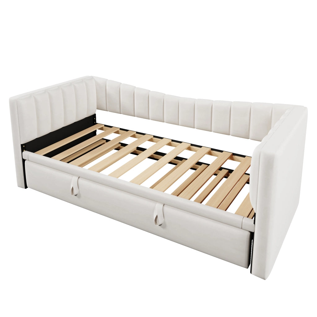 Letto singolo 90×200 cm con letto estraibile; senza materasso; velluto; bianco