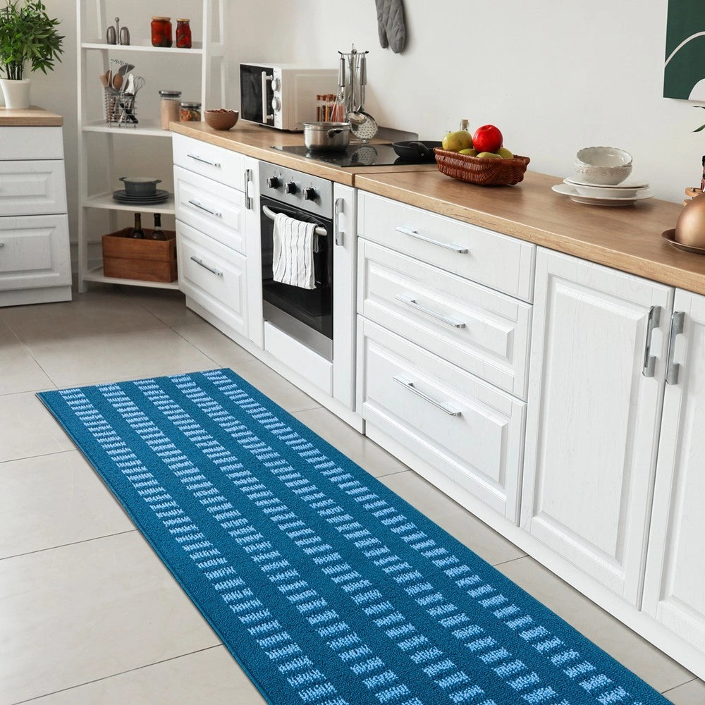 Tappeto Cucina Morbido 3D Assorbente Lavabile Antiscivolo Passatoia Bordata A Righe 57x135 Blu