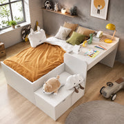 Letto per bambini 90x200 cm con scrivania e 2 cassetti, in legno massello e MDF, bianco