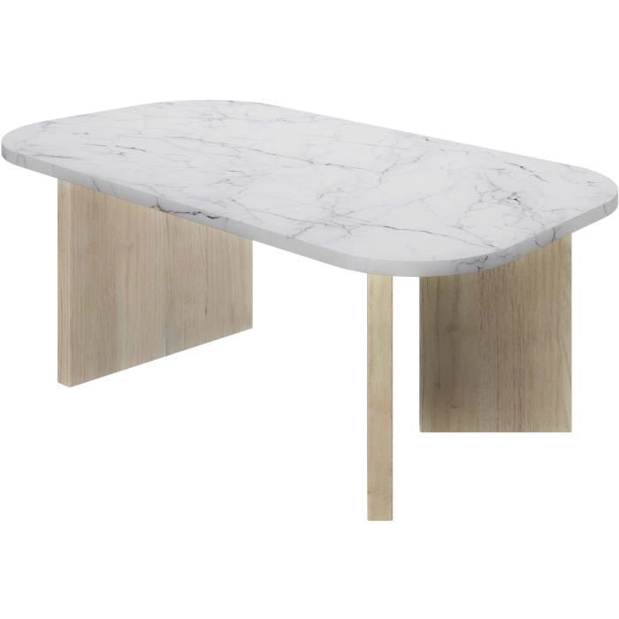Tavolino ovale - QUARTZ - Effetto marmo bianco - Gambe spesse in rovere - 105 x 58 x 39 cm - DIAGONE