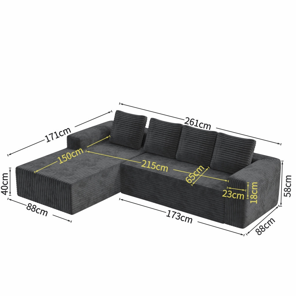 Divano angolare modulare a L con chaise longue reversibile e seduta profonda in velluto a coste - grigio