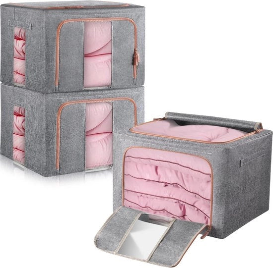 Sacchetto di conservazione, 100 litri, telaio metallico, stoffa di cotone, protegge contro umidità e polvere, chiusura a zip doppia apertura, ideale per abbigliamento, giocattoli, lenzuola, coperte (set da 3)