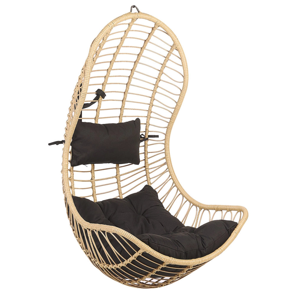 Sedia sospesa poltrona pensile in rattan beige con struttura in metallo per interni ed esterni a forma curva Boho
