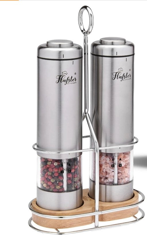Set di macinapolvere elettrico a batterie - 2 macinapolvere Flafster Kitchen - Macinapolvere pepe con stand, macinapolvere ceramici con illuminazione e regolazione della grandezza del corredo