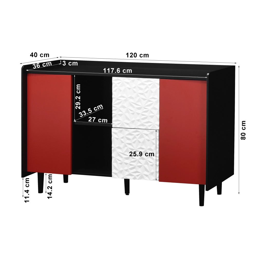 Credenza con 2 Cassetti; 2 Vani Aperti e 1 Anta per Sala da Pranzo in MDF 120 × 40 × 80 cm Nero e Rosso