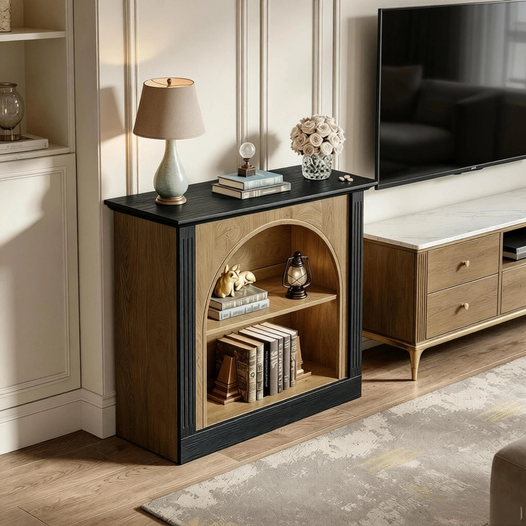 Consolle in legno con 3 ripiani e vano semicoperto, stile mid-century modern, per ingresso e soggiorno, nero rustico