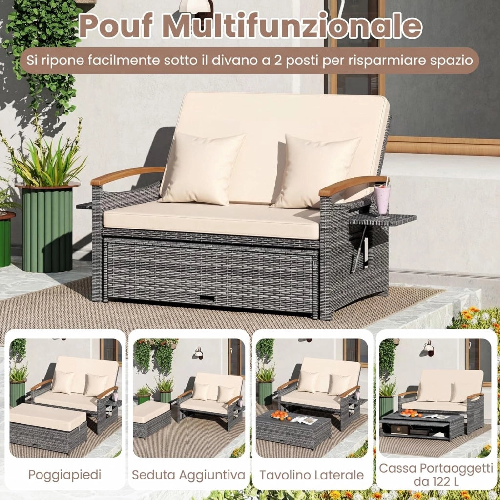 Lettino Prendosle da Giardino con Cuscino per 2 Persone, Divano in Rattan con Panca Contenitore, Schienale Regolabile a 4 Livelli e Vassoi Laterali Estraibili per Balcone e Terrazza