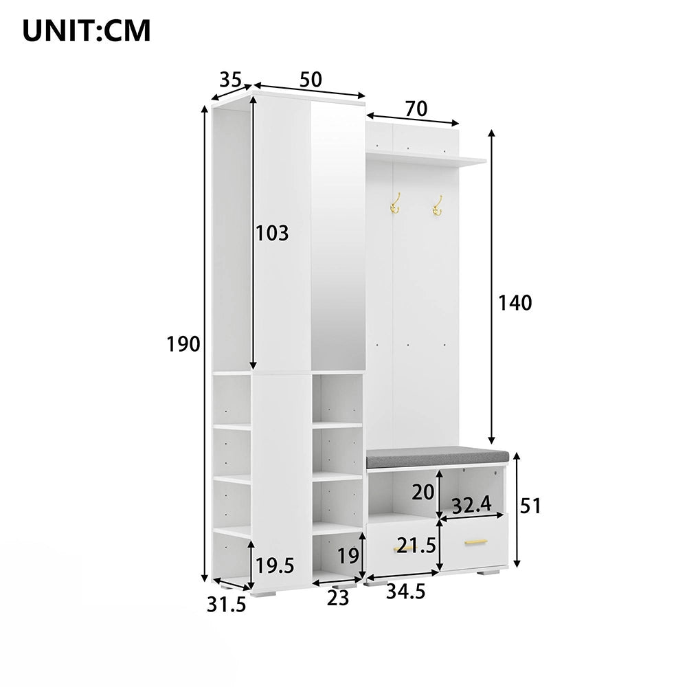 Vestiaire completo con specchio - Xylo - 120x35x190 cm - Bianco - Panca scarpe e 3 ganci
