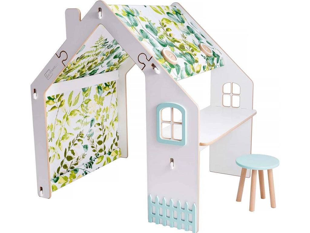 Casetta per bambini in legno "Bianelli" con scrivania - 114 x 93 x 120 cm - Bianca/ Verde