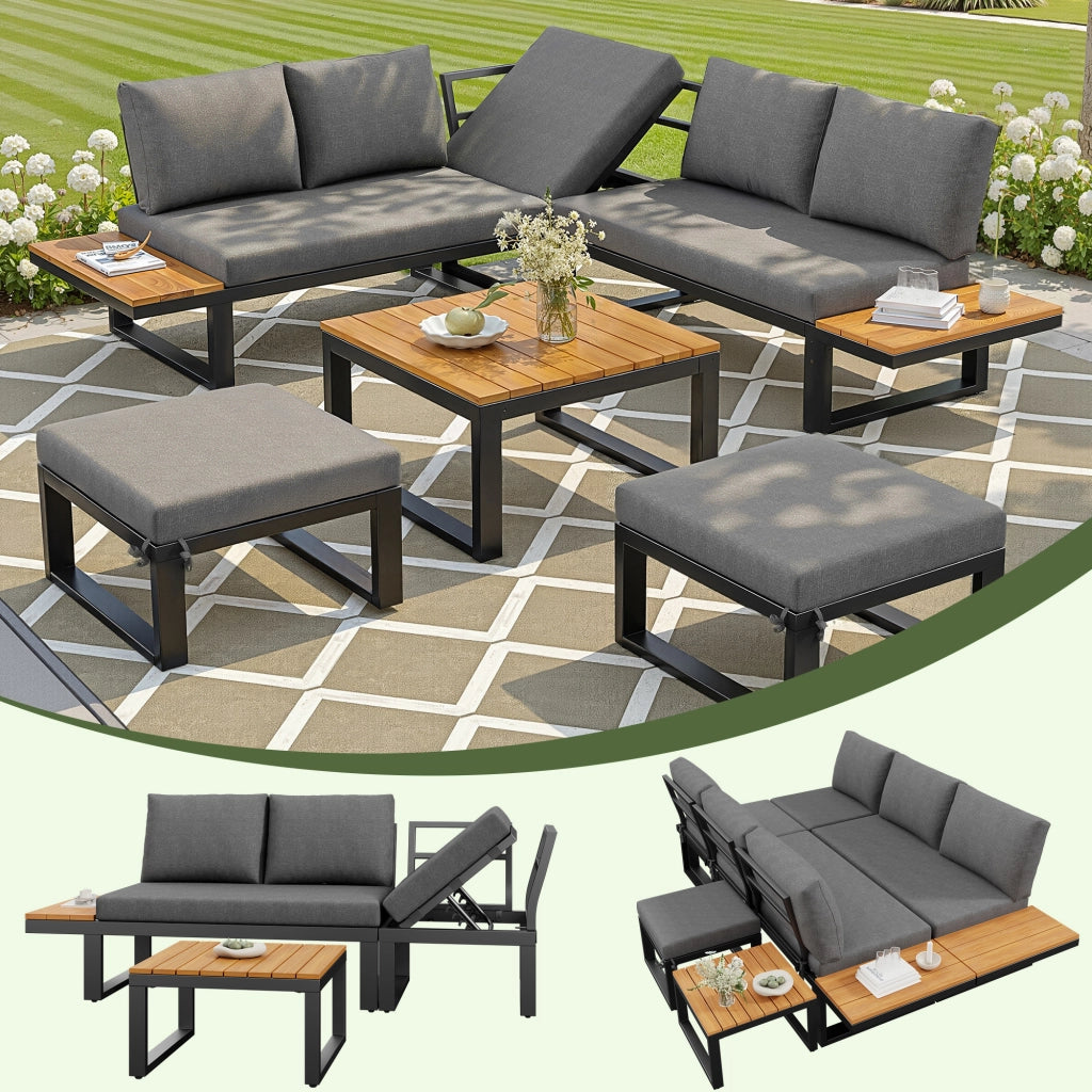 Set Lounge Divano Angolare da Giardino Esterno 6 Pezzi con Tavolino e Cuscini ¨C MINIMAL ¨C Acciaio, Grigio/Beige