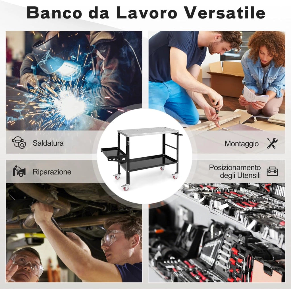 Tavolo da Lavoro, Banco da Lavoro con Supporto per Attrezzi e Vassoio, Fori per Fissaggio, 8 Slot per Attrezzi e Portabocchette per Saldatura, con Ruote, Capacità di Carico 540 KG (Modello 1)