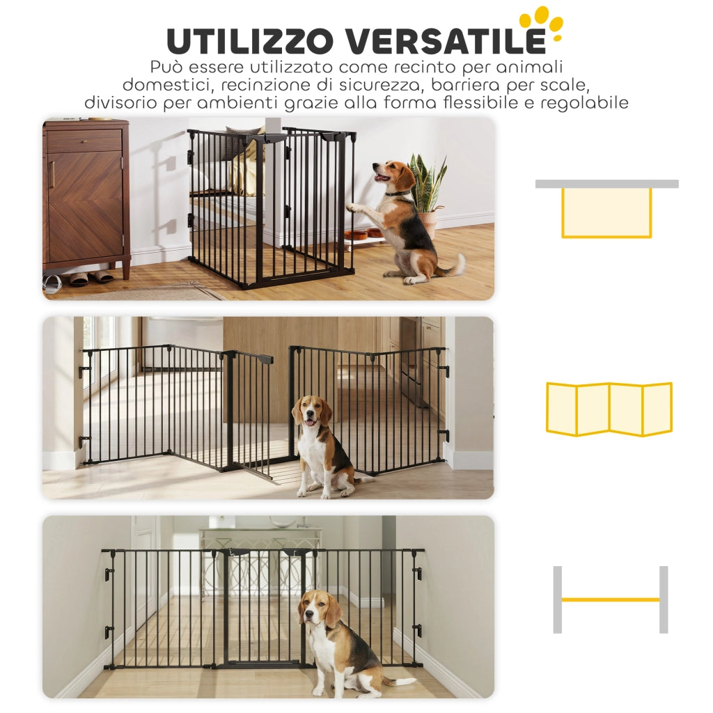 Cancellino per Cani Taglia Piccola e Media Pieghevole a 5 Pannelli, in Metallo e Plastica, 300x3x74.5 cm, Nero