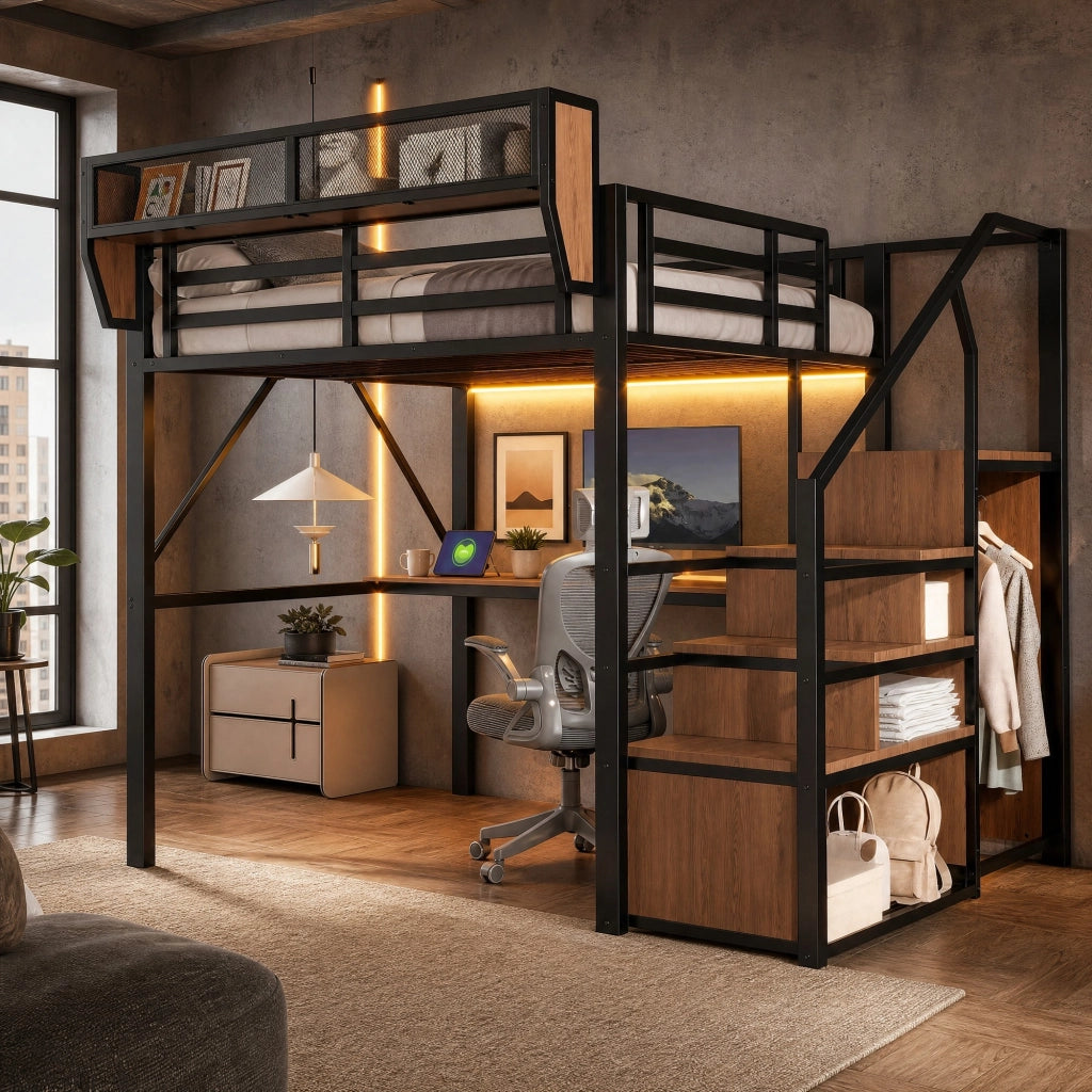 Letto a soppalco 140x200 cm con scrivania, LED e scaffale