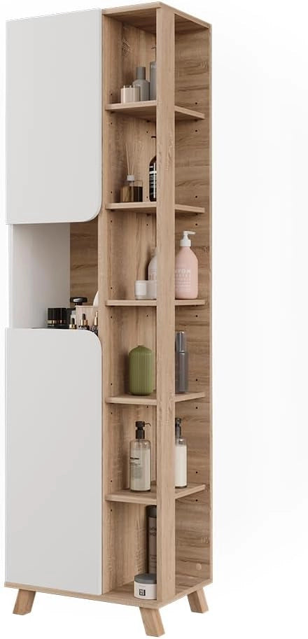 Mobile da bagno Karen, Sonoma/Bianco, 50 x 175 cm con 2 porte, per la conservazione di articoli da bagno e asciugamani