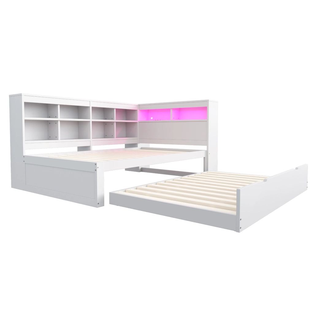 Divano letto singolo in legno con letto estraibile, USB, LED e ripiani laterali, bianco, 90 × 200 cm