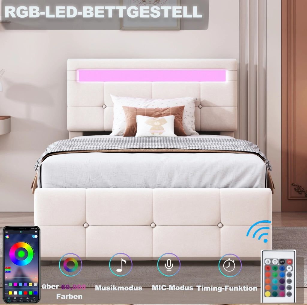 Letto singolo imbottito 90x200 cm con LED e vano contenitore idraulico; velluto beige