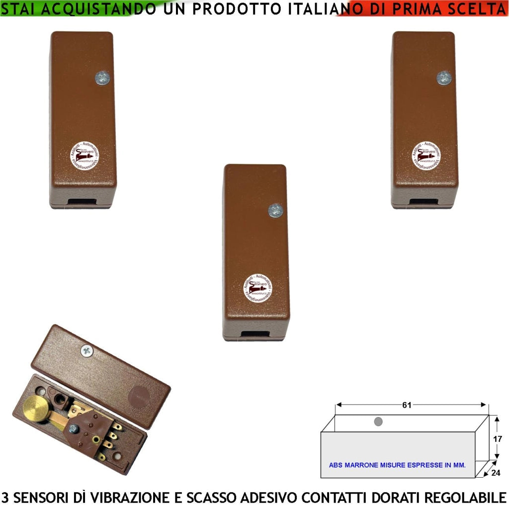 Sensore Adesivo Rileva lo Scasso le Vibrazioni Continue Tre Pezzi Per Antifurto Via Filo Inferriate Porte Vetrate Martelletto Regolabile Contatto Allarme NC Tamper Contenitore Adesivo ABS Marrone IP30