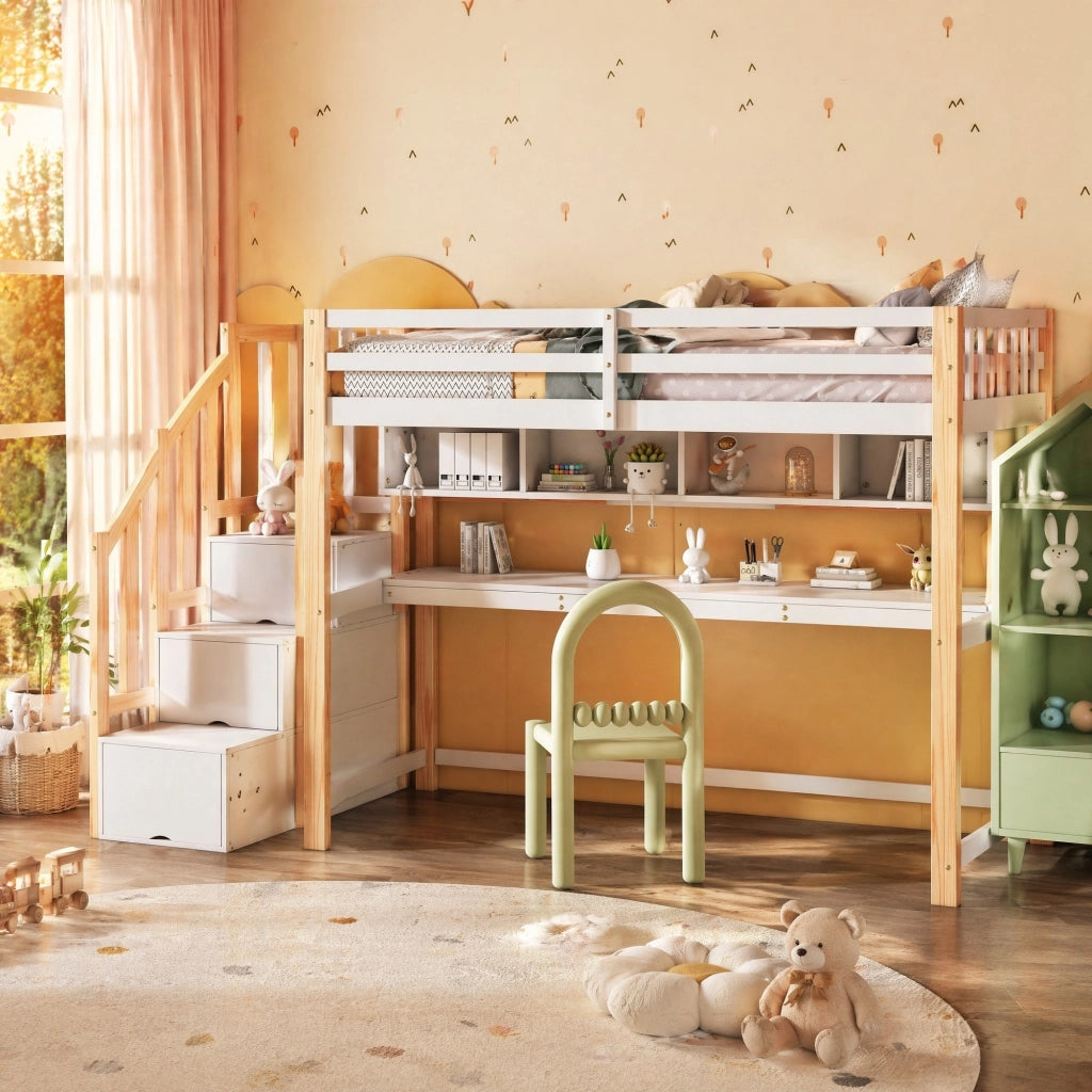 Letto a soppalco per bambini 90x200 cm bianco e rovere