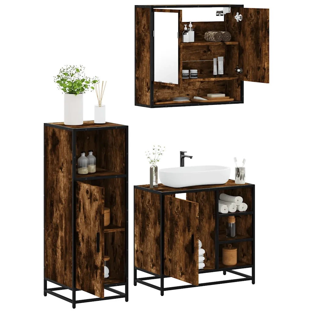 Set Mobili da Bagno | Armadio da bagno 3 pz Rovere Fumo in Legno Multistrato