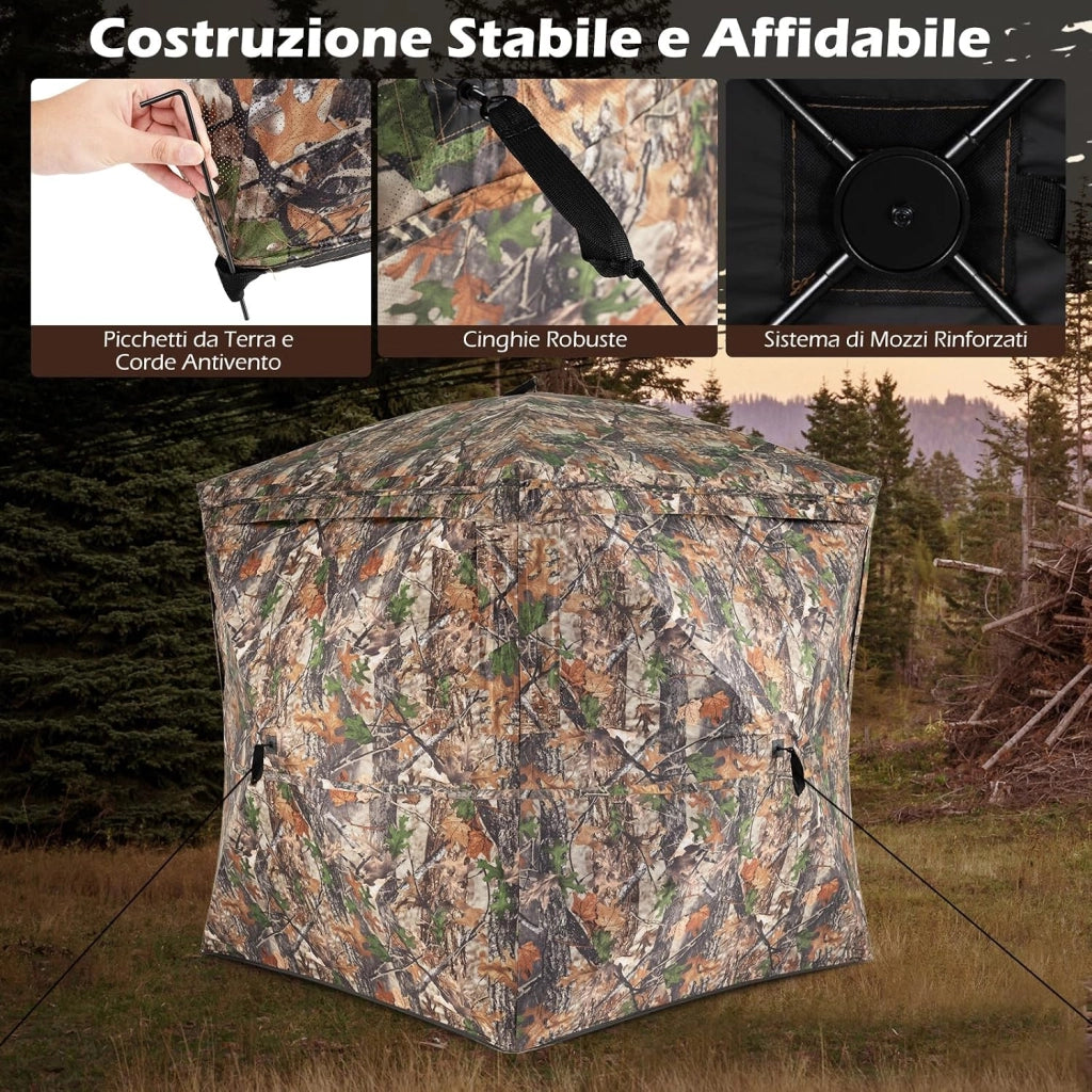 Tenda da Caccia per 2-3 Persone, Tenda Mimetica a 270° per Caccia, Tenda Pop-Up Camouflage con Porta Magnetica Silenziosa, 4 Finestre e Borsa da Trasporto, 146 x 146 x 170 cm