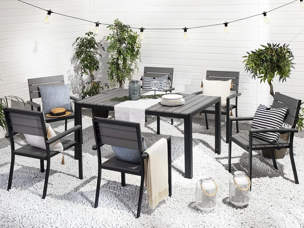 Set da pranzo da giardino in 7 pezzi in alluminio grigio e Nero 6 sedie resistenti agli agenti atmosferici