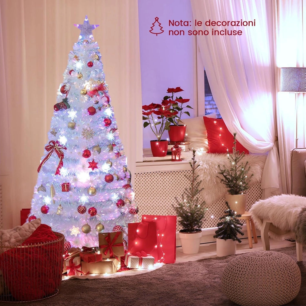 Albero di Natale Pre-illuminato in Fibra Ottica da 120/150/180cm, Albero di Natale Bianco con Foglie Iridescenti, Luci a LED a Fiocco di Neve Multicolore, Luce Superiore a Stella (180 CM)