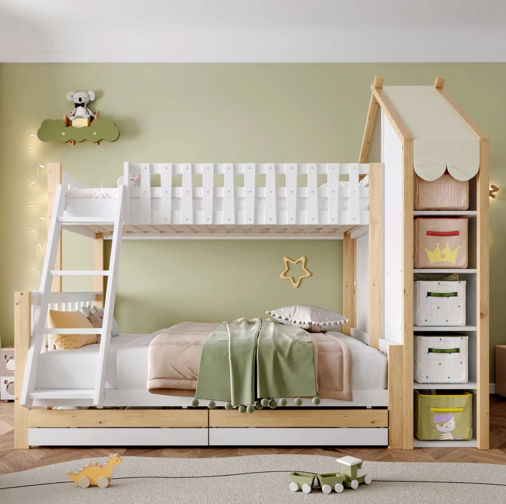 Letto a castello 90x200 + 140x200 cm con cassetti, bianco naturale