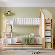 Letto a castello 90x200 + 140x200 cm con cassetti, bianco naturale