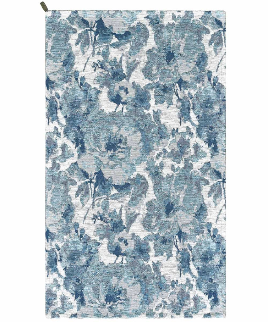 Tappeto floreale moderno con fiori stilizzati DUBAI BEIGE AZZURRO in ciniglia multiuso lavabile antiscivolo cm.85x150
