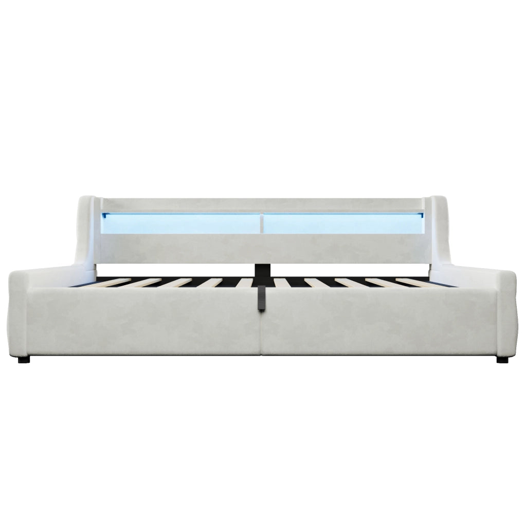 Letto imbottito 140x200 cm con LED e vano contenitore beige