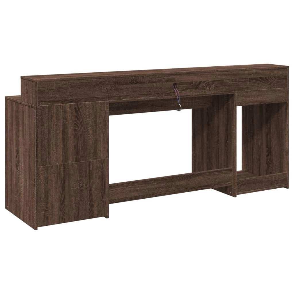Scrivania da ufficio postazione di lavoro mobile per computer zona studio con luci a LED legno ingegnerizzato di rovere marrone 02_0023790