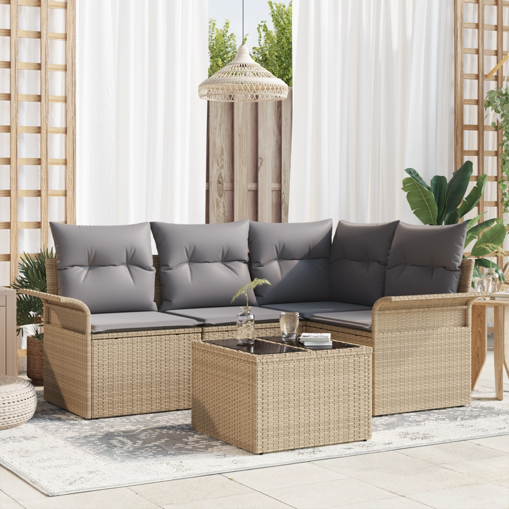 Set Divano da Giardino 5 Pezzi con Cuscini Rattan Polyrattan Nero