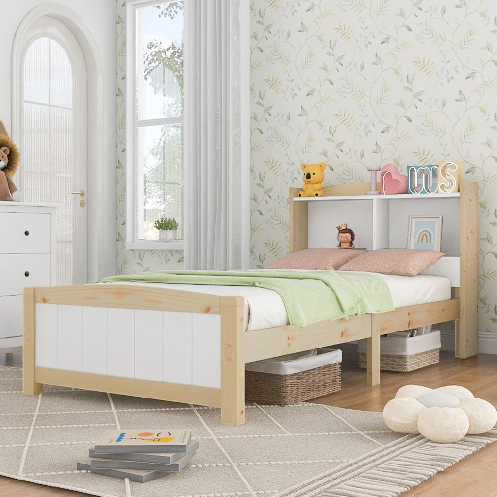 Letto singolo 90x200 cm in legno massello con testiera contenitore, bianco