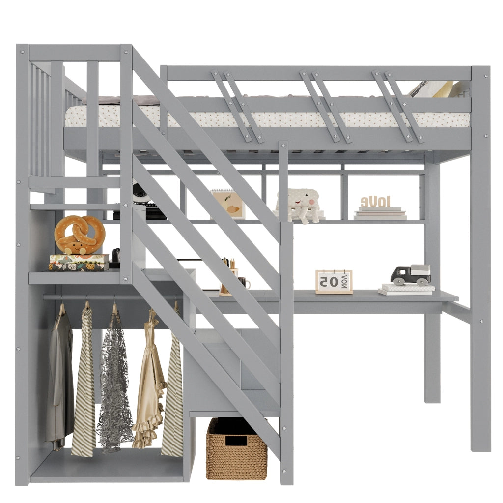 Letto a soppalco 90x200 cm con scrivania; scala contenitore e LED; grigio in legno